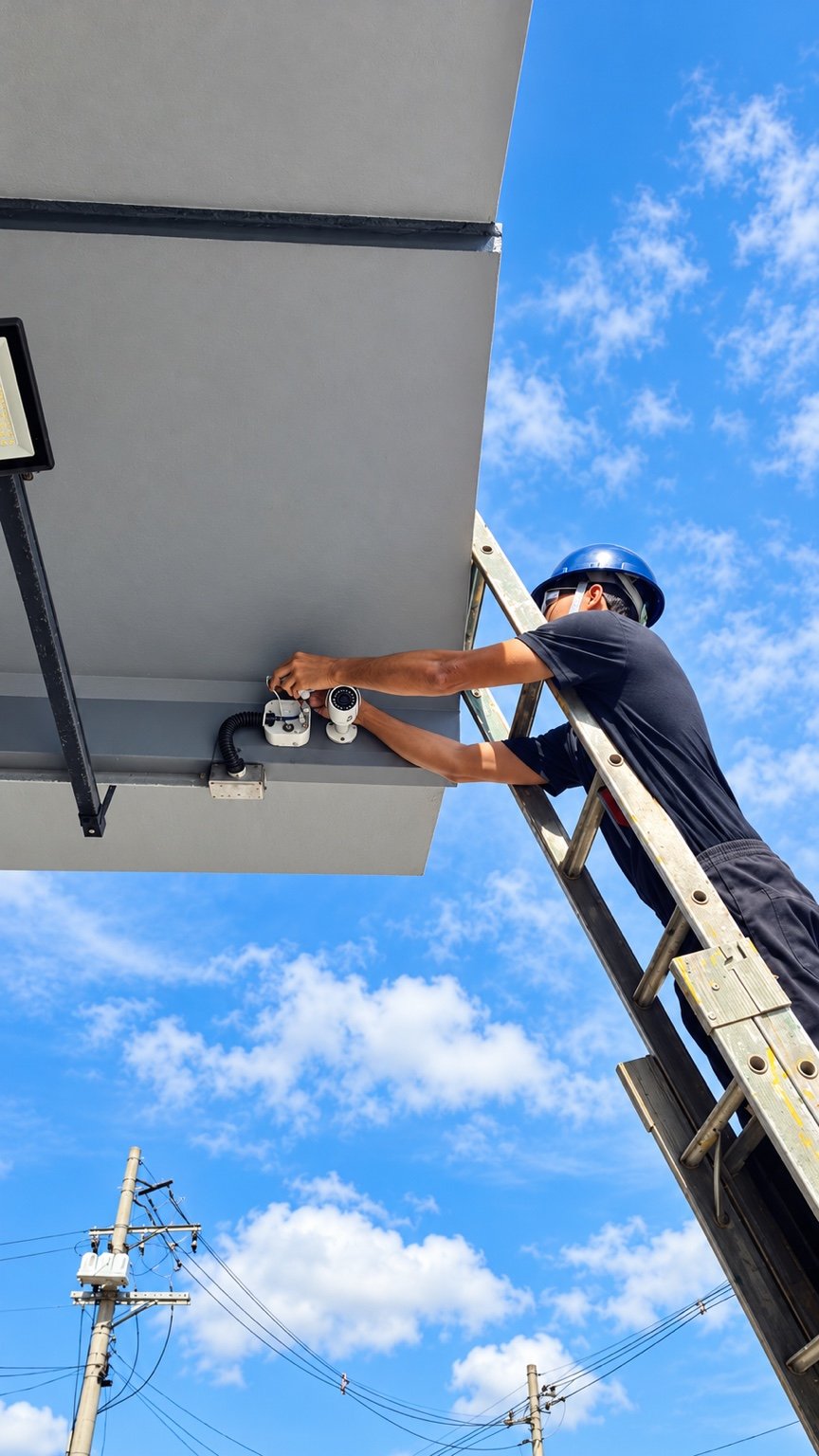 Técnico instalando câmeras de segurança eletrônica