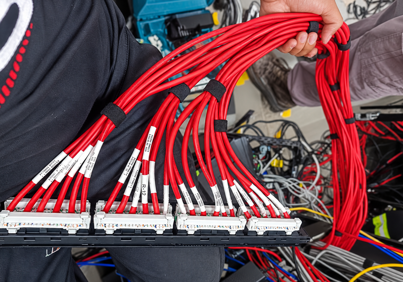Cabos de rede vermelhos organizados e identificados em patch panel