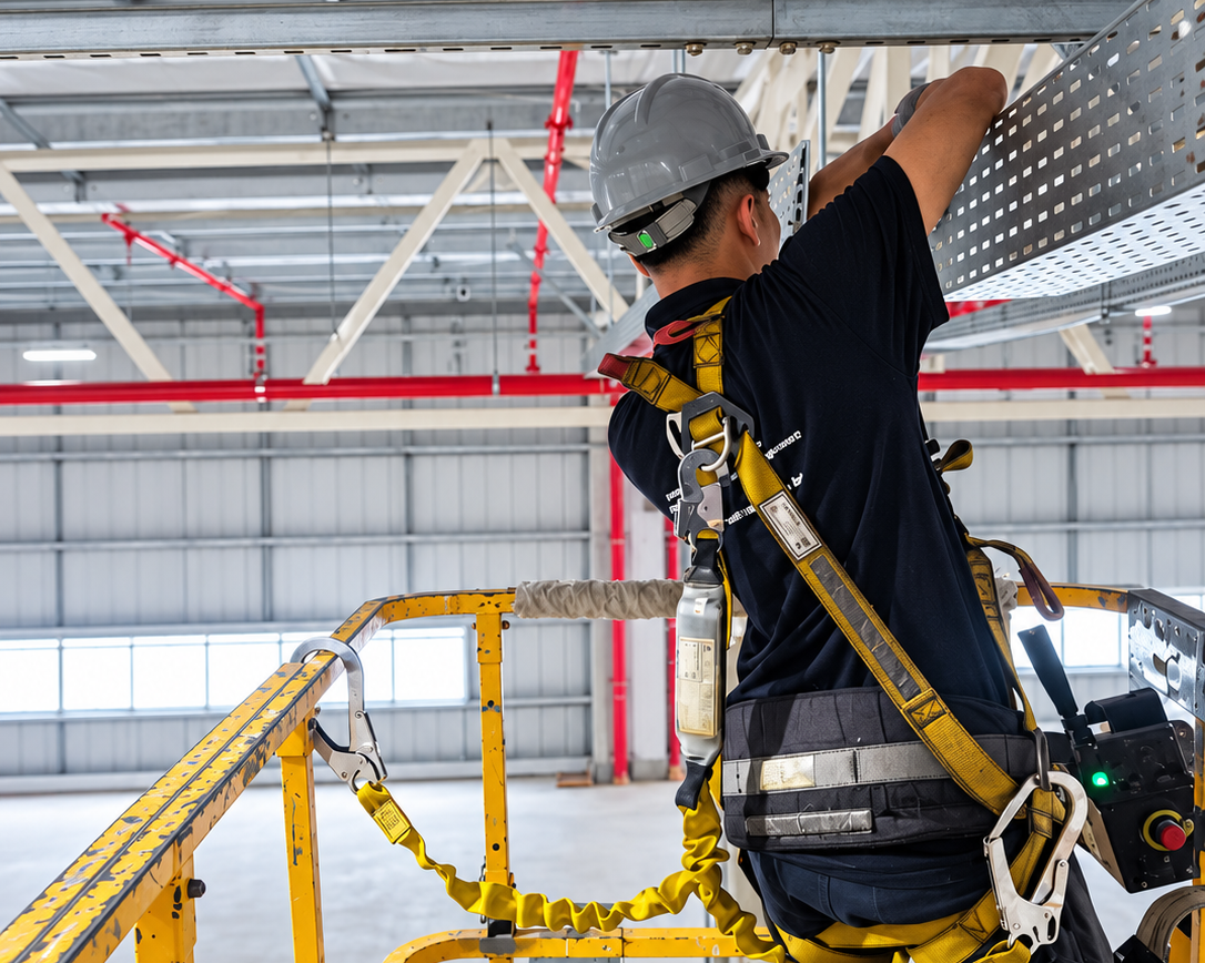 Operador em plataforma elevatória trabalhando na infraestrutura de eletrocalhas