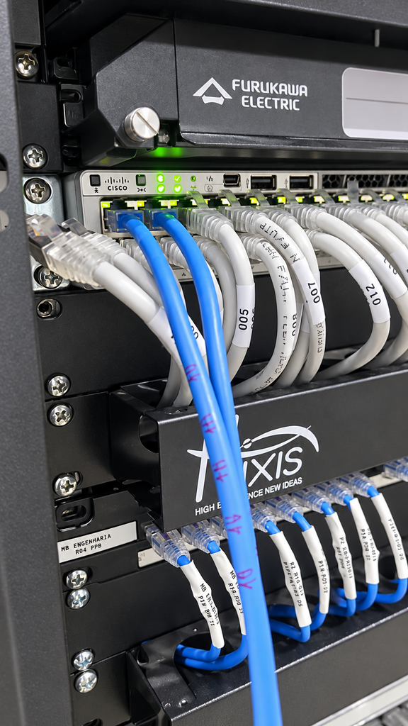 Detalhe de rack com equipamentos Cisco e Furukawa e cabos identificados
