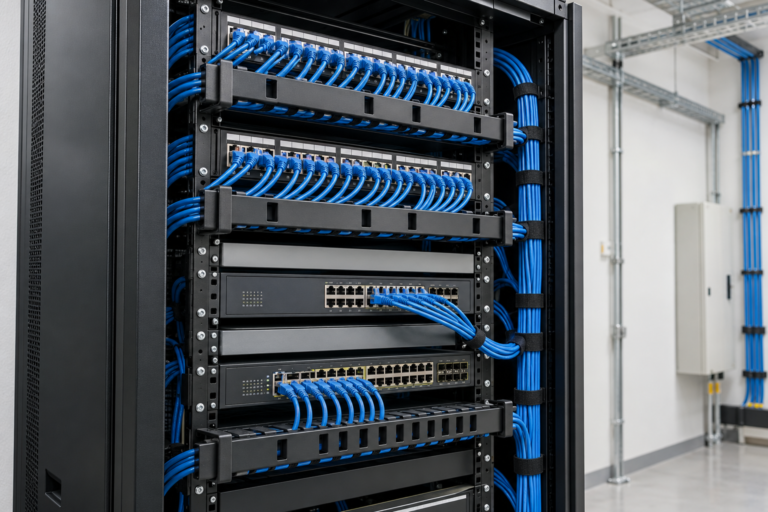 Imagem ilustrativa gerada por IA de rack com patch panels e cabeamento azul organizado.